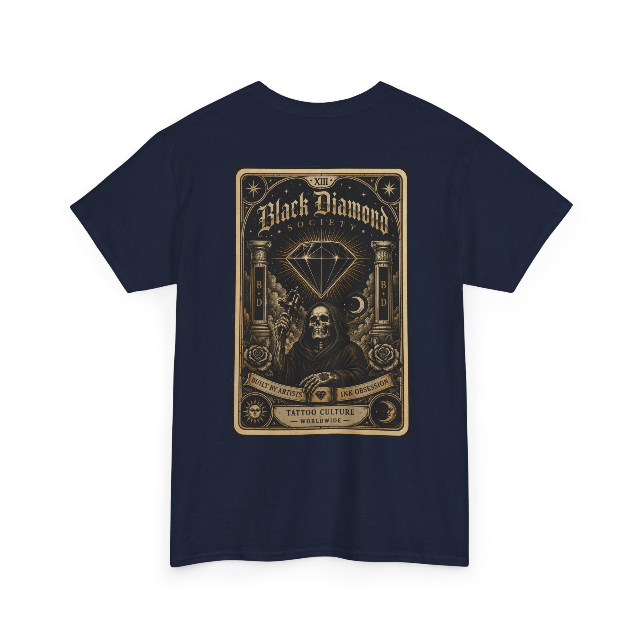 Vintage Black Diamond Graphic Tee — Skull & Gem Tattoo-Inspired Back Print