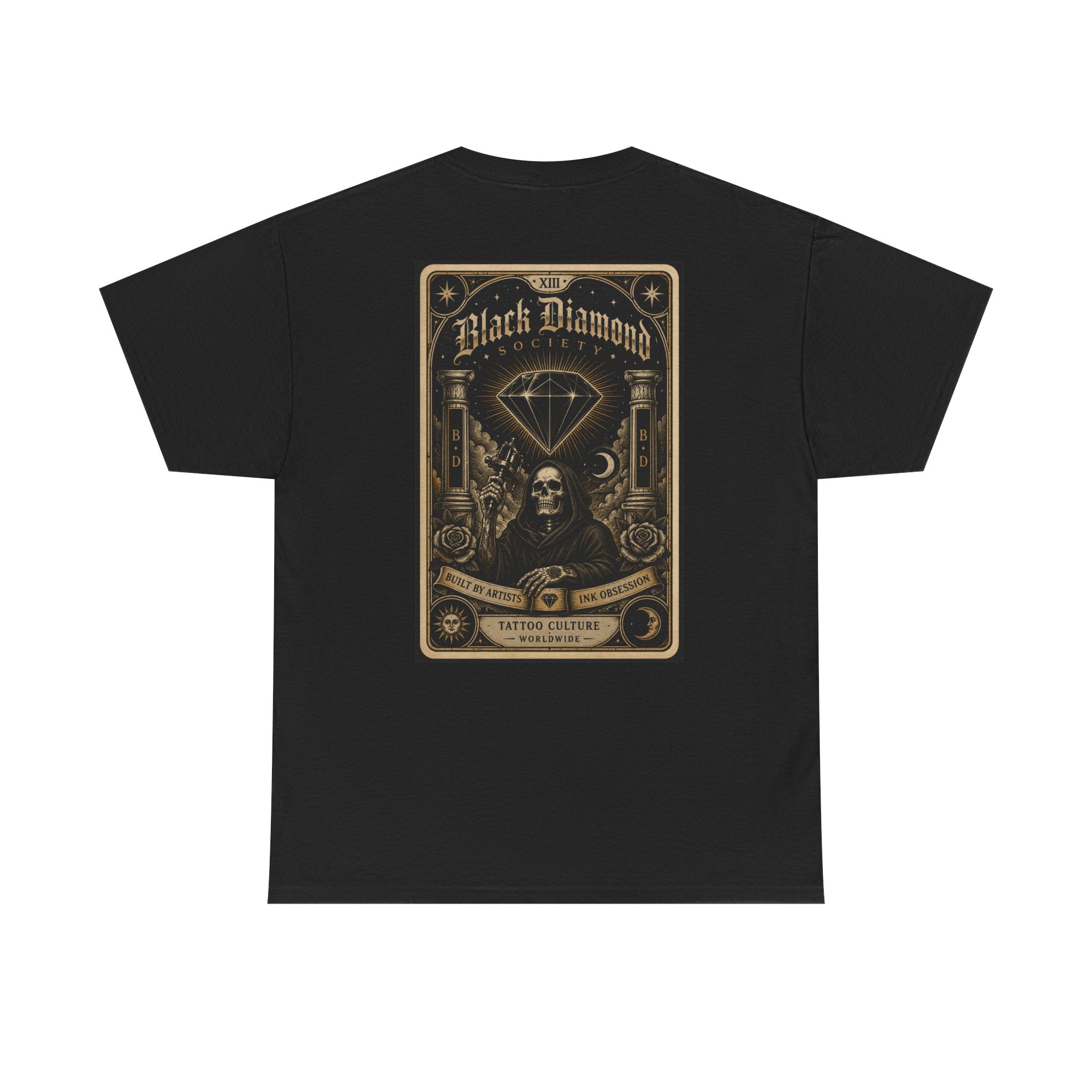 Vintage Black Diamond Graphic Tee — Skull & Gem Tattoo-Inspired Back Print